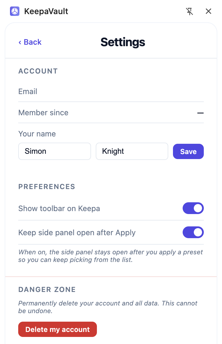 KeepaVault settings screen with account details and preference toggles