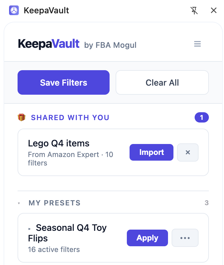 KeepaVault Shared with you inbox showing a preset ready to import